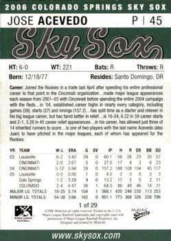 2006 MultiAd Colorado Springs Sky Sox #1 Jose Acevedo Back