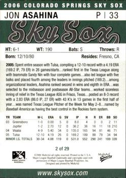2006 MultiAd Colorado Springs Sky Sox #2 Jon Asahina Back