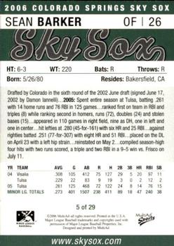 2006 MultiAd Colorado Springs Sky Sox #5 Sean Barker Back