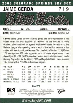 2006 MultiAd Colorado Springs Sky Sox #6 Jaime Cerda Back