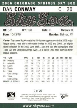 2006 MultiAd Colorado Springs Sky Sox #9 Dan Conway Back