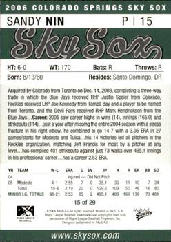 2006 MultiAd Colorado Springs Sky Sox #15 Sandy Nin Back