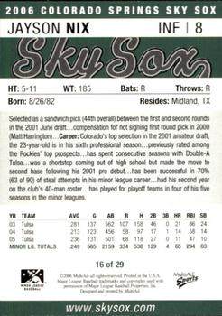 2006 MultiAd Colorado Springs Sky Sox #16 Jayson Nix Back