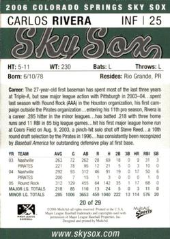 2006 MultiAd Colorado Springs Sky Sox #20 Carlos Rivera Back