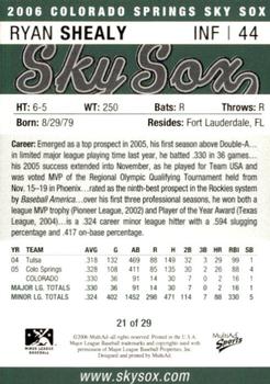 2006 MultiAd Colorado Springs Sky Sox #21 Ryan Shealy Back