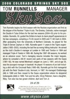 2006 MultiAd Colorado Springs Sky Sox #24 Tom Runnells Back
