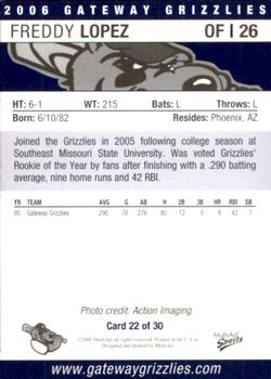 2006 MultiAd Gateway Grizzlies #22 Freddy Lopez Back
