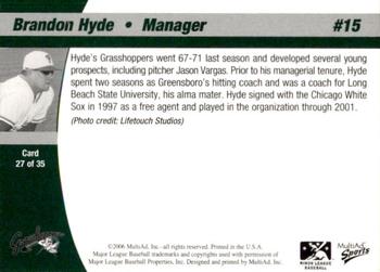 2006 MultiAd Greensboro Grasshoppers #27 Brandon Hyde Back