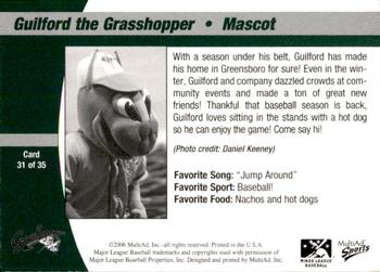 2006 MultiAd Greensboro Grasshoppers #31 Guilford the Grasshopper Back