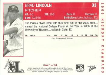 2006 MultiAd Hickory Crawdads #1a Brad Lincoln Back