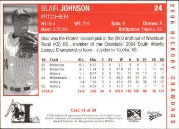 2006 MultiAd Hickory Crawdads #14a Blair Johnson Back