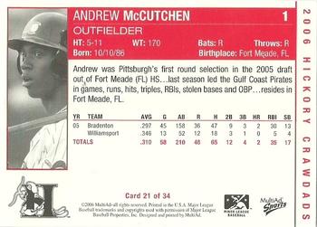 2006 MultiAd Hickory Crawdads #21a Andrew McCutchen Back