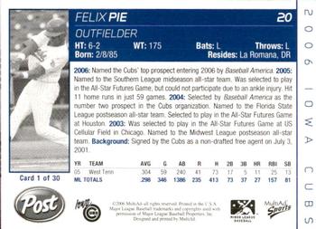 2006 MultiAd Iowa Cubs #1 Felix Pie Back