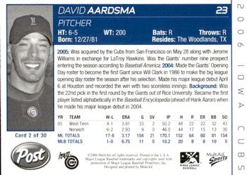 2006 MultiAd Iowa Cubs #2 David Aardsma Back