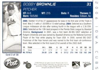 2006 MultiAd Iowa Cubs #3 Bobby Brownlie Back