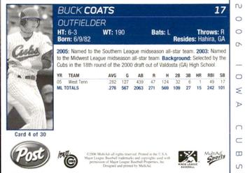 2006 MultiAd Iowa Cubs #4 Buck Coats Back