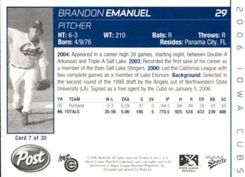 2006 MultiAd Iowa Cubs #7 Brandon Emanuel Back