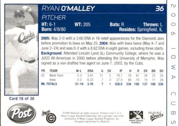 2006 MultiAd Iowa Cubs #16 Ryan O'Malley Back