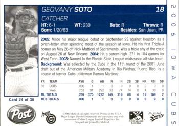 2006 MultiAd Iowa Cubs #24 Geovany Soto Back