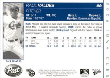 2006 MultiAd Iowa Cubs #26 Raul Valdes Back