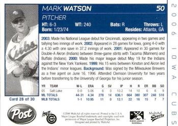 2006 MultiAd Iowa Cubs #28 Mark Watson Back