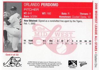 2006 MultiAd Midwest League All-Stars Eastern Division #4 Orlando Perdomo Back