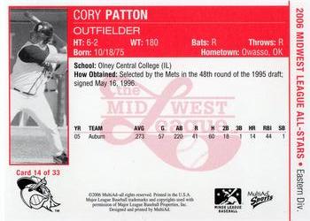 2006 MultiAd Midwest League All-Stars Eastern Division #14 Cory Patton Back