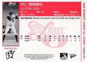 2006 MultiAd Midwest League All-Stars Eastern Division #25 Will Venable Back