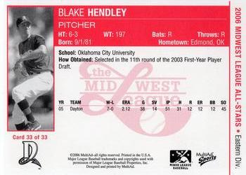 2006 MultiAd Midwest League All-Stars Eastern Division #33 Blake Hendley Back