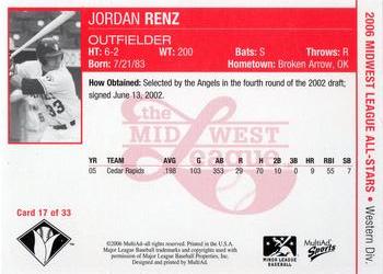 2006 MultiAd Midwest League All-Stars Western Division #17 Jordan Renz Back
