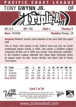 2006 MultiAd Pacific Coast League All-Stars #7 Tony Gwynn Jr. Back