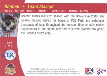 2006 MultiAd Portland Beavers #31 Boomer the Beaver Back
