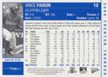 2006 MultiAd Trenton Thunder #27 Vince Faison Back