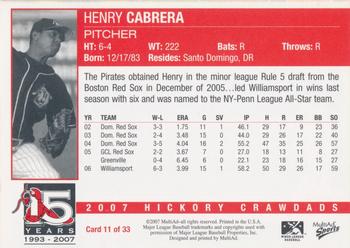 2007 MultiAd Hickory Crawdads #11 Henry Cabrera Back