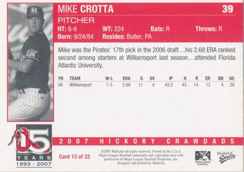 2007 MultiAd Hickory Crawdads #13 Mike Crotta Back