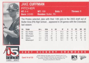 2007 MultiAd Hickory Crawdads #14 Jake Cuffman Back
