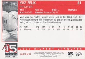 2007 MultiAd Hickory Crawdads #15 Mike Felix Back