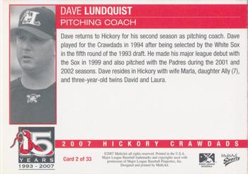 2007 MultiAd Hickory Crawdads #2 Dave Lundquist Back