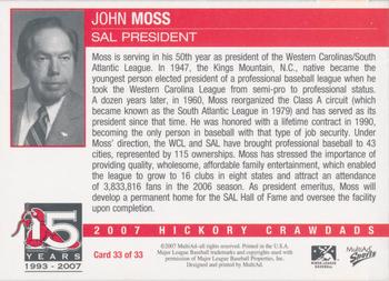 2007 MultiAd Hickory Crawdads #33 John Moss Back