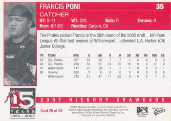 2007 MultiAd Hickory Crawdads #25 Francis Poni Back