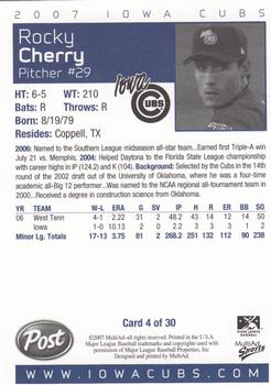 2007 MultiAd Iowa Cubs #4 Rocky Cherry Back