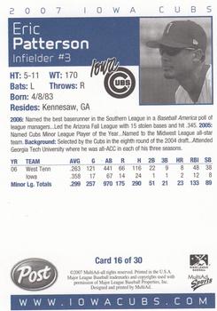 2007 MultiAd Iowa Cubs #16 Eric Patterson Back