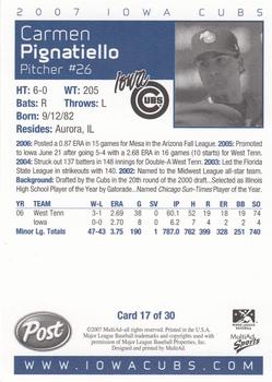 2007 MultiAd Iowa Cubs #17 Carmen Pignatiello Back