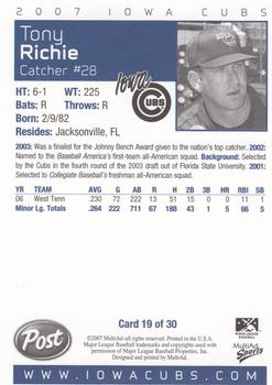 2007 MultiAd Iowa Cubs #19 Tony Richie Back