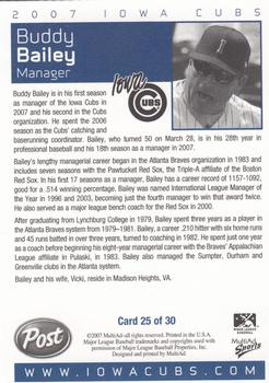 2007 MultiAd Iowa Cubs #25 Buddy Bailey Back