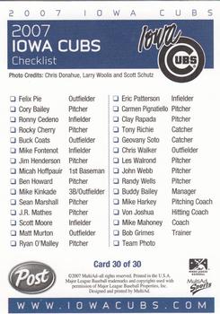 2007 MultiAd Iowa Cubs #30 Team/Checklist Back
