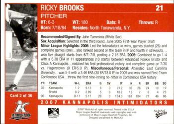 2007 MultiAd Kannapolis Intimidators #2 Ricky Brooks Back