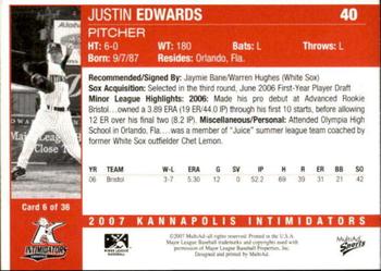 2007 MultiAd Kannapolis Intimidators #6 Justin Edwards Back