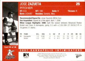 2007 MultiAd Kannapolis Intimidators #29 Jose Zazueta Back