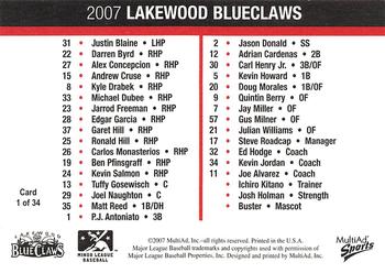 2007 MultiAd Lakewood BlueClaws #1 Checklist Back